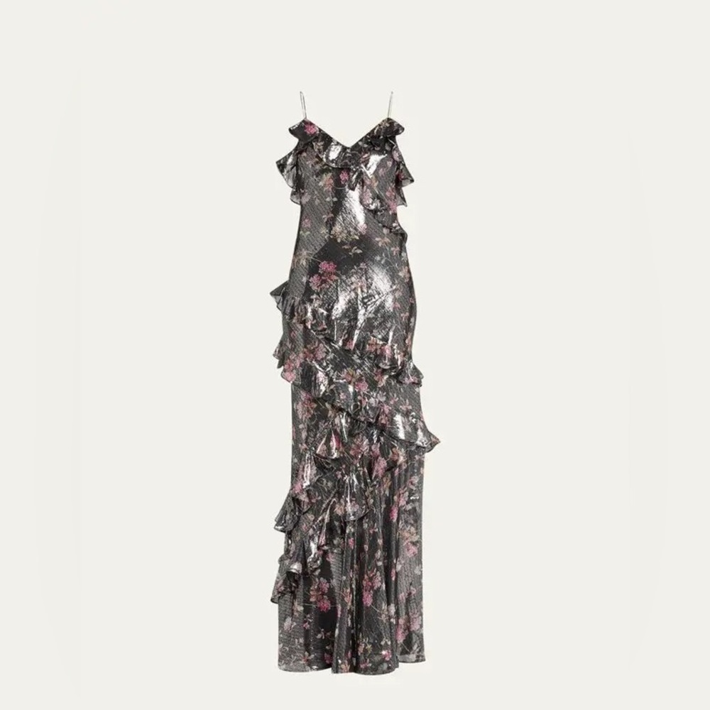 LoveShackFancy Rialto Floral Silk Lamé Maxi Dress